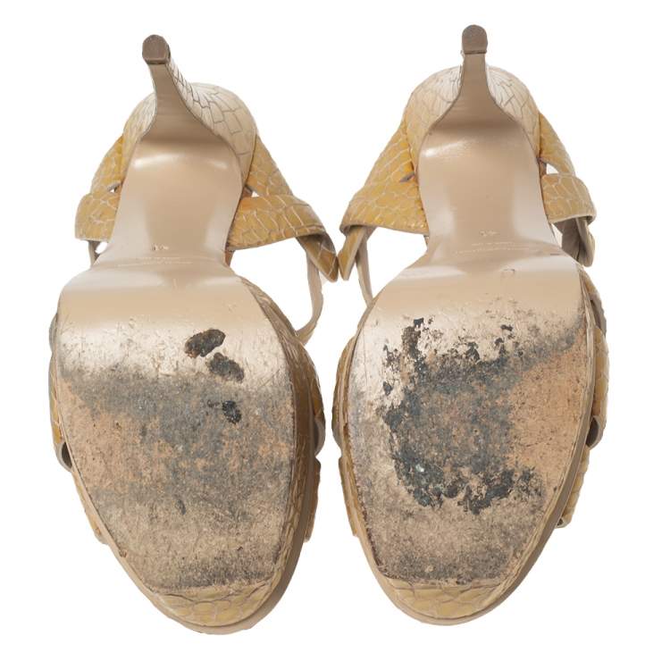 Pre Owned Saint Laurent Beige Croc Embossed Leather Tribute Platform Sandals Size 41