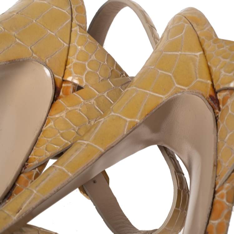Pre Owned Saint Laurent Beige Croc Embossed Leather Tribute Platform Sandals Size 41