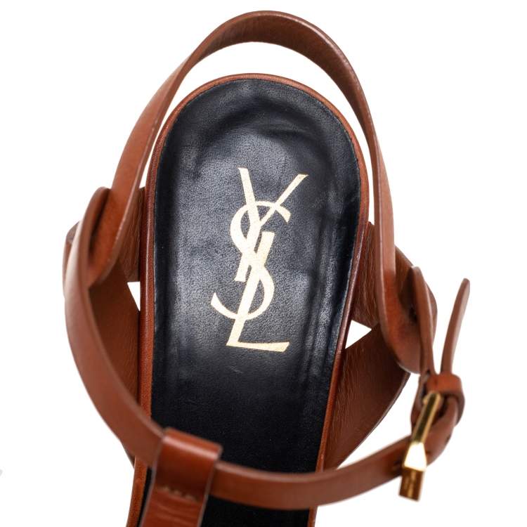 Pre Owned Saint Laurent Brown Leather Tribute Platform Ankle Strap Sandals Size 41