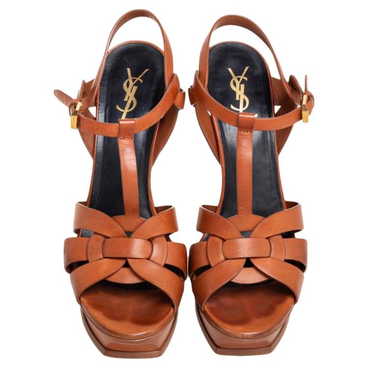 Pre Owned Saint Laurent Brown Leather Tribute Platform Ankle Strap Sandals Size 41