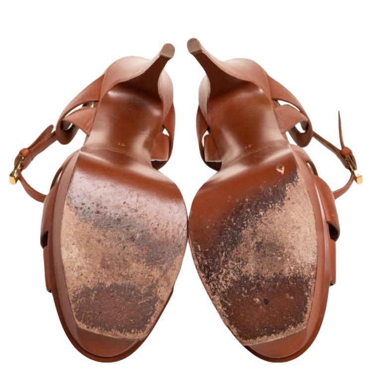 Pre Owned Saint Laurent Brown Leather Tribute Platform Ankle Strap Sandals Size 41