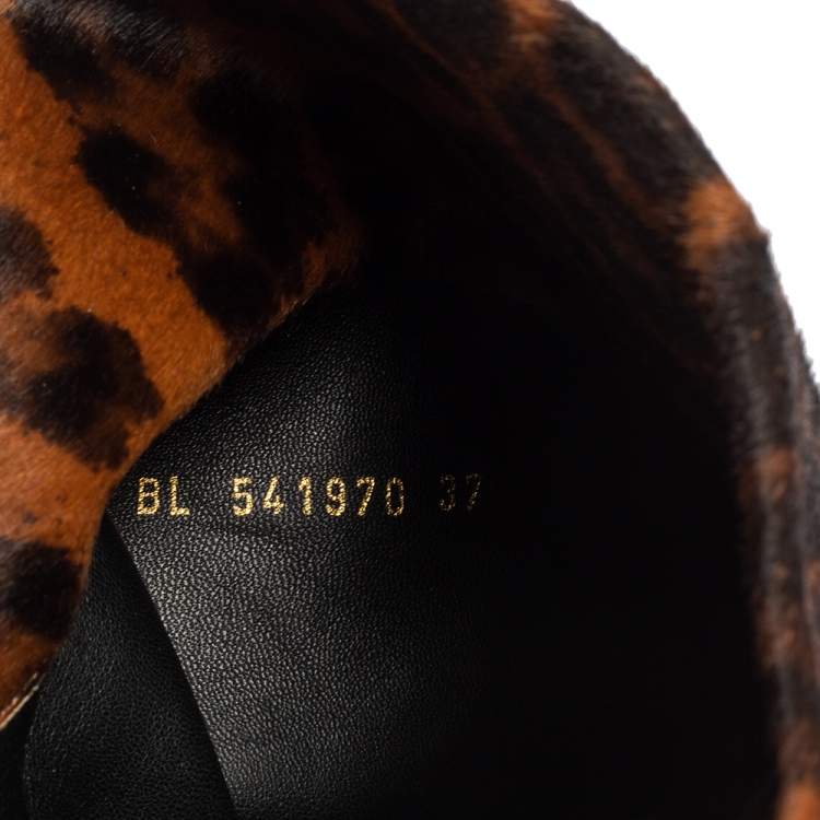 Pre Owned Saint Laurent Tan/Black Animal Print Calf Hair Pointed-Toe Over The Knee Boots Size 37