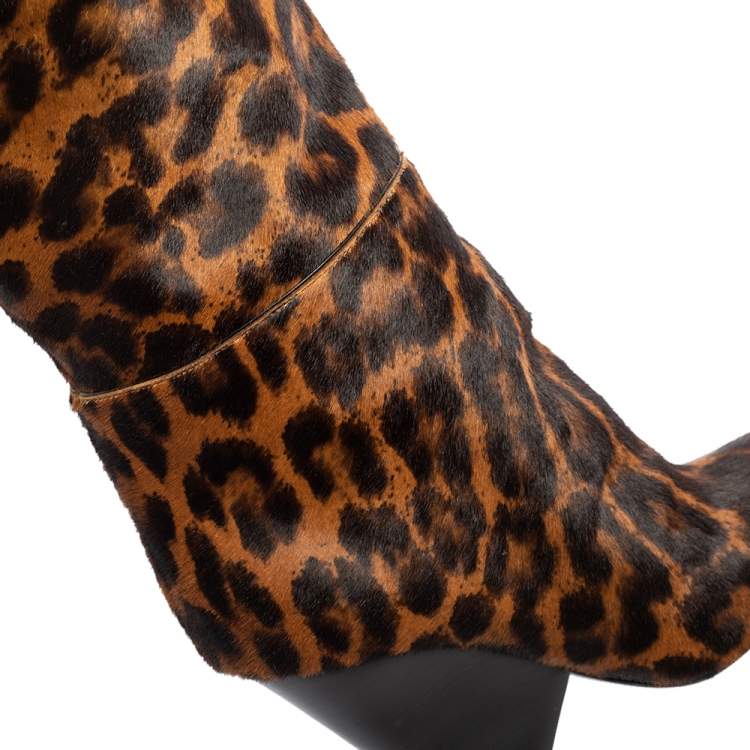 Pre Owned Saint Laurent Tan/Black Animal Print Calf Hair Pointed-Toe Over The Knee Boots Size 37