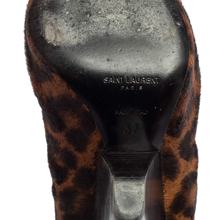 Pre Owned Saint Laurent Tan/Black Animal Print Calf Hair Pointed-Toe Over The Knee Boots Size 37