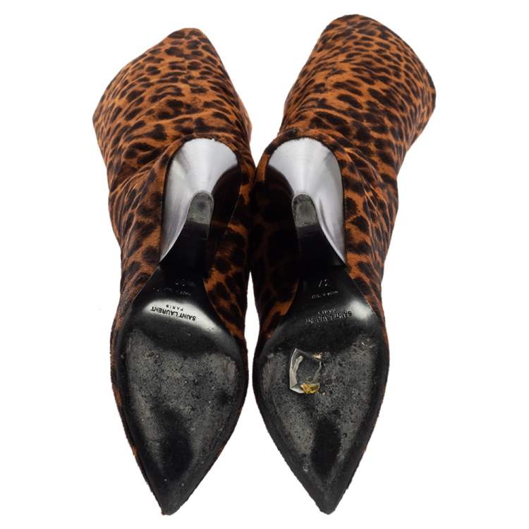 Pre Owned Saint Laurent Tan/Black Animal Print Calf Hair Pointed-Toe Over The Knee Boots Size 37