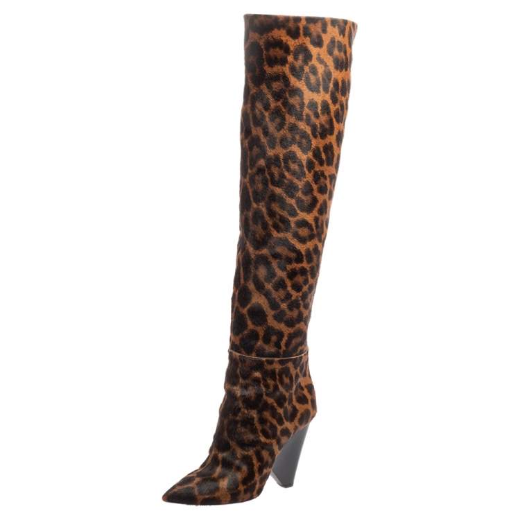 Pre Owned Saint Laurent Tan/Black Animal Print Calf Hair Pointed-Toe Over The Knee Boots Size 37