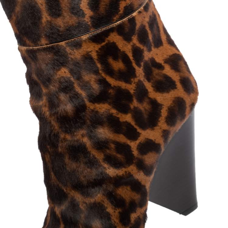 Pre Owned Saint Laurent Tan/Black Animal Print Calf Hair Pointed-Toe Over The Knee Boots Size 37