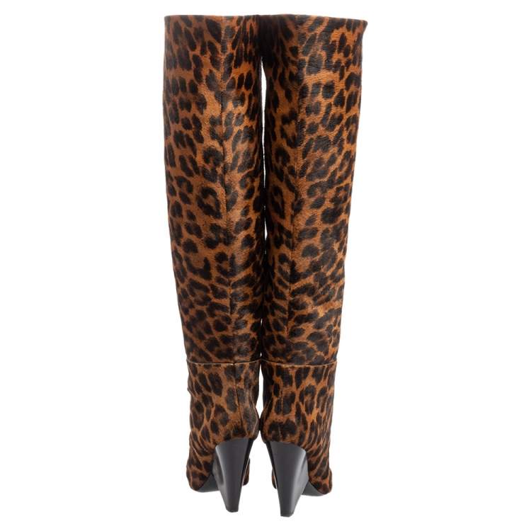 Pre Owned Saint Laurent Tan/Black Animal Print Calf Hair Pointed-Toe Over The Knee Boots Size 37