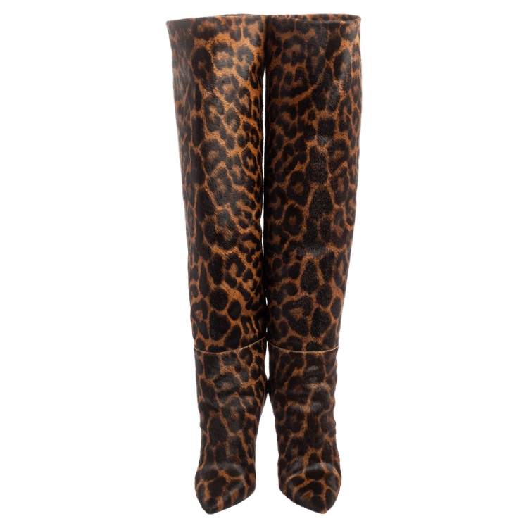 Pre Owned Saint Laurent Tan/Black Animal Print Calf Hair Pointed-Toe Over The Knee Boots Size 37