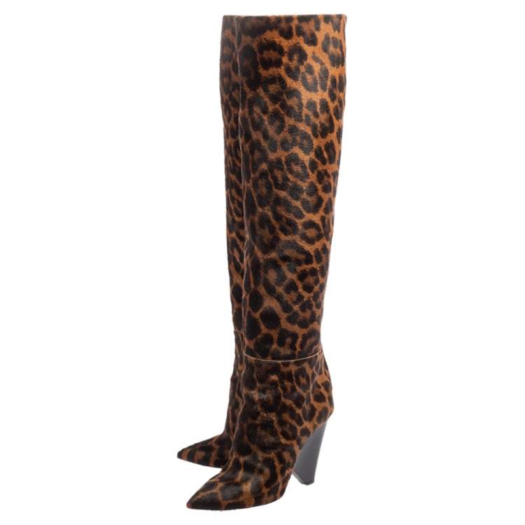 Pre Owned Saint Laurent Tan/Black Animal Print Calf Hair Pointed-Toe Over The Knee Boots Size 37