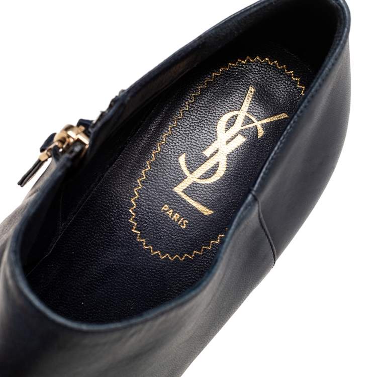 Pre Owned Saint Laurent Navy Blue/Black Leather and Patent Cap-Toe Tribtoo Ankle Boots Size 39