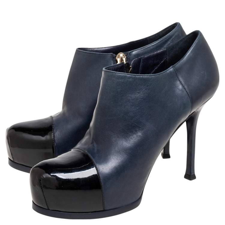 Pre Owned Saint Laurent Navy Blue/Black Leather and Patent Cap-Toe Tribtoo Ankle Boots Size 39