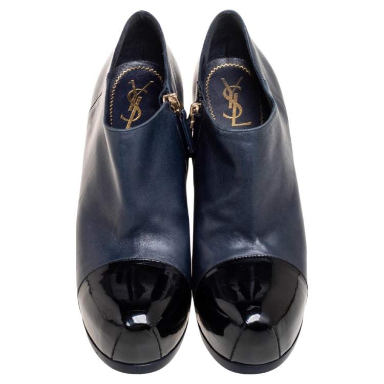 Pre Owned Saint Laurent Navy Blue/Black Leather and Patent Cap-Toe Tribtoo Ankle Boots Size 39