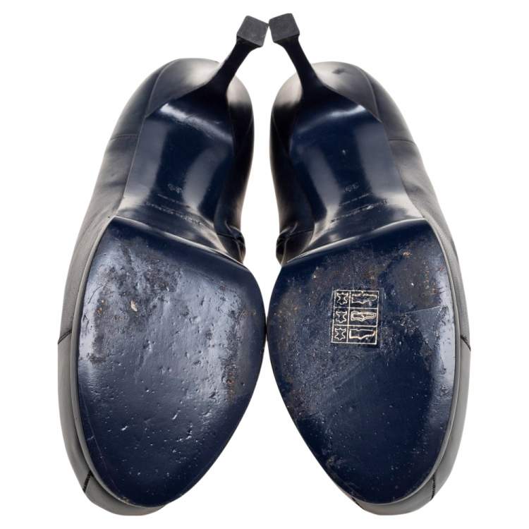 Pre Owned Saint Laurent Navy Blue/Black Leather and Patent Cap-Toe Tribtoo Ankle Boots Size 39