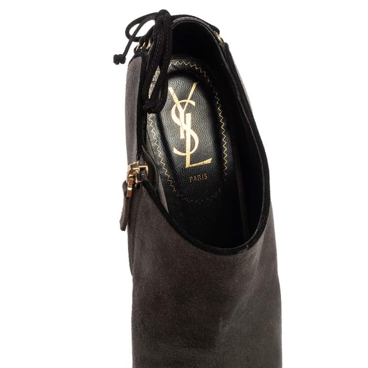 Pre Owned Saint Laurent Grey Suede  Wedge Peep Toe Booties Size 38