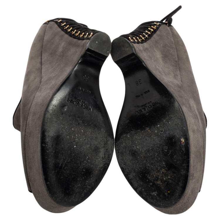 Pre Owned Saint Laurent Grey Suede  Wedge Peep Toe Booties Size 38