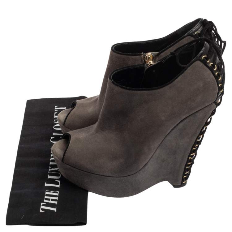 Pre Owned Saint Laurent Grey Suede  Wedge Peep Toe Booties Size 38