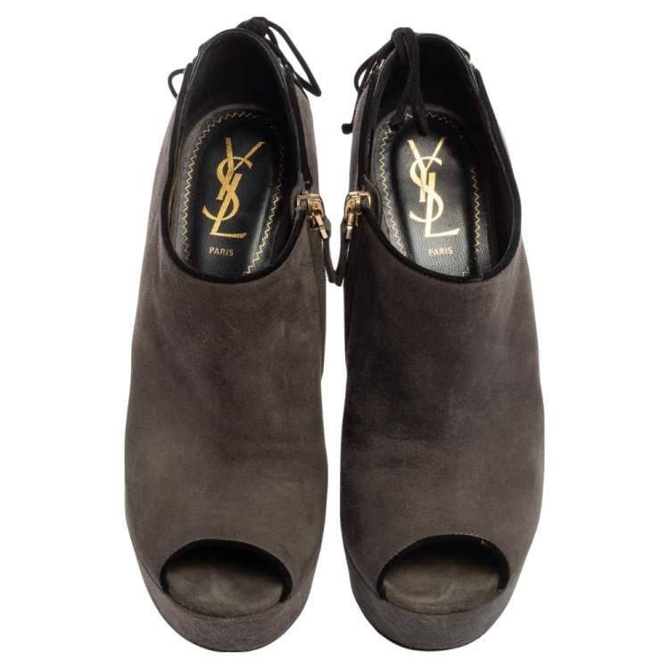 Pre Owned Saint Laurent Grey Suede  Wedge Peep Toe Booties Size 38