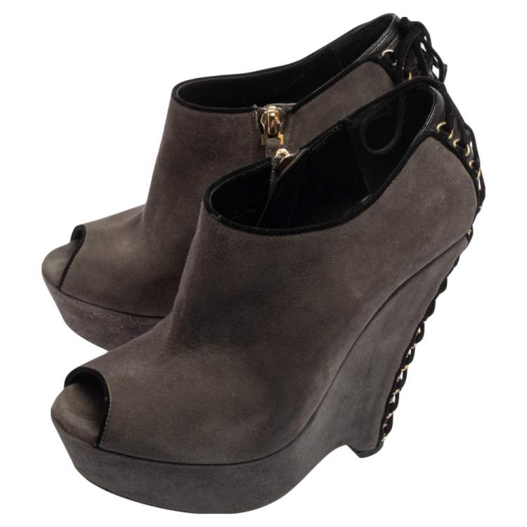 Pre Owned Saint Laurent Grey Suede  Wedge Peep Toe Booties Size 38