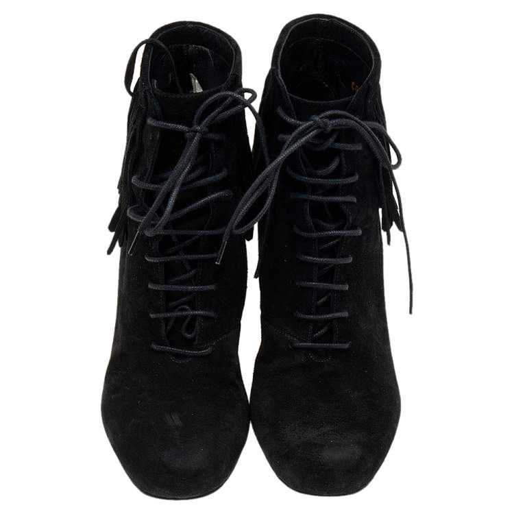 Pre Owned Saint Laurent Black Suede Babies Fringe Ankle Boots Size 37.5