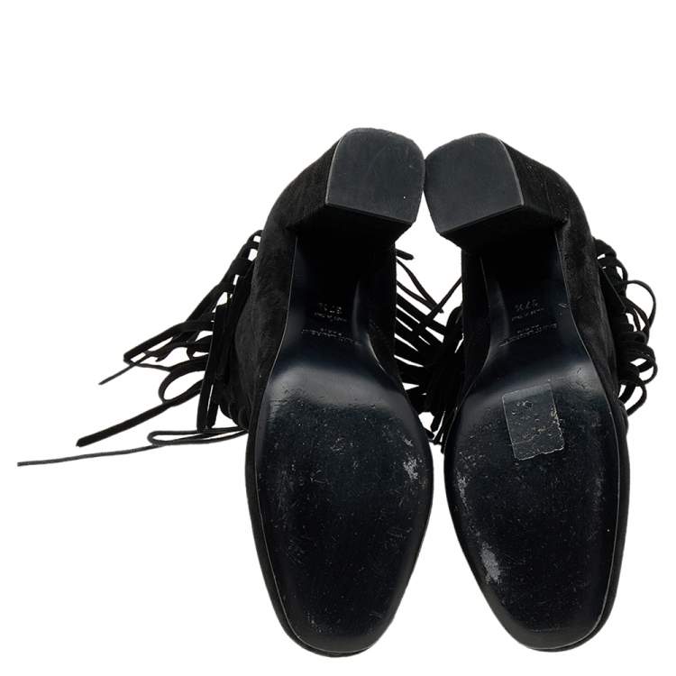 Pre Owned Saint Laurent Black Suede Babies Fringe Ankle Boots Size 37.5