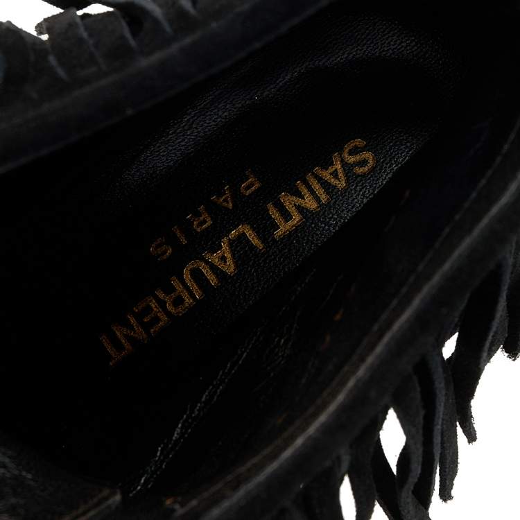 Pre Owned Saint Laurent Black Suede Babies Fringe Ankle Boots Size 37.5