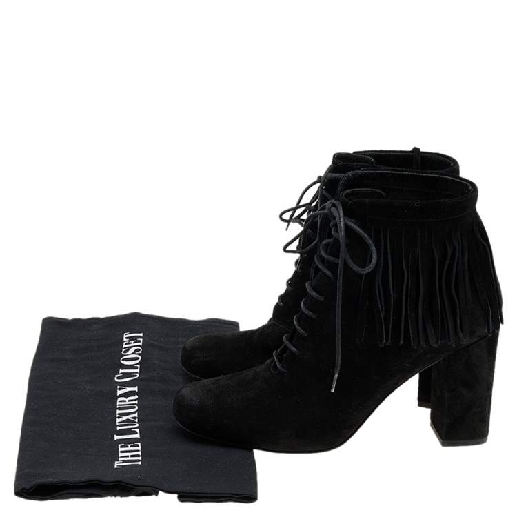 Pre Owned Saint Laurent Black Suede Babies Fringe Ankle Boots Size 37.5