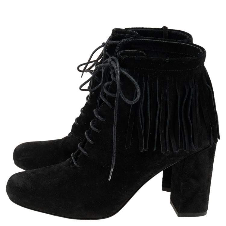Pre Owned Saint Laurent Black Suede Babies Fringe Ankle Boots Size 37.5