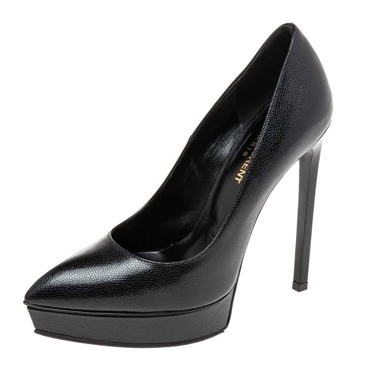 Pre Owned Saint Laurent Black Textured Leather Janis Platform Pumps Size 36
