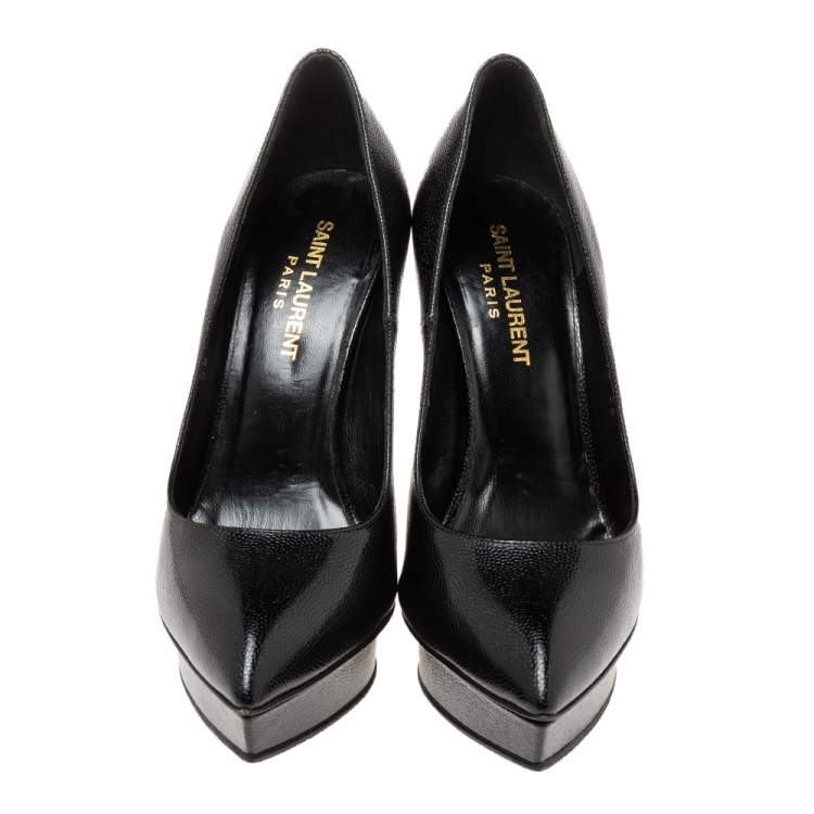 Pre Owned Saint Laurent Black Textured Leather Janis Platform Pumps Size 36