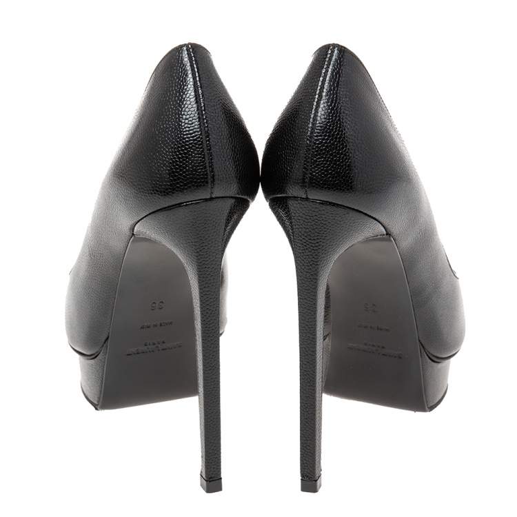 Pre Owned Saint Laurent Black Textured Leather Janis Platform Pumps Size 36