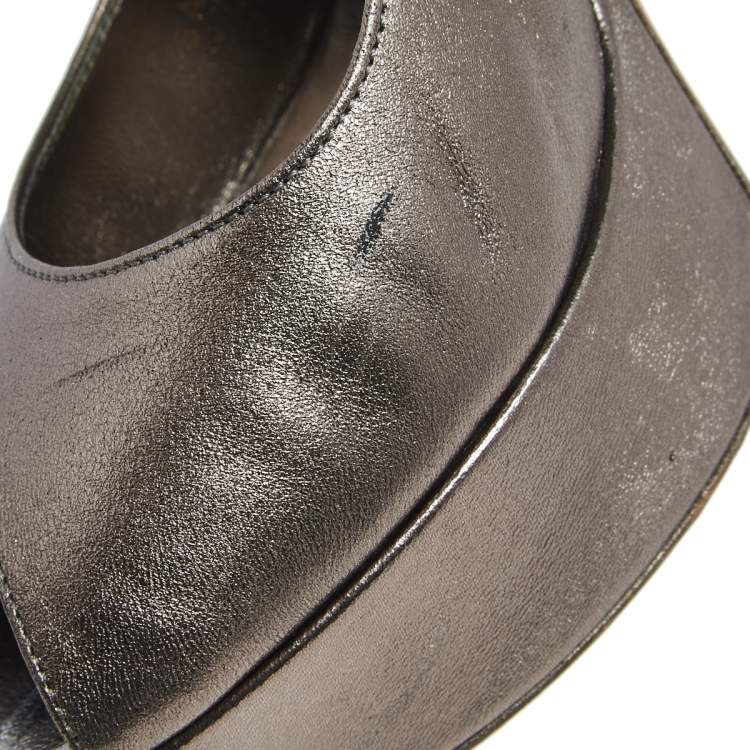 Pre Owned  Saint Laurent Paris Metallic Bronze Leather Palais Platform Peep Toe Pumps Size 40