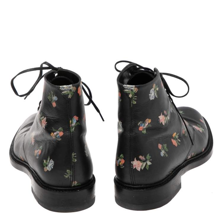 Pre Owned Saint Laurent Black Leather Flower Print Ankle Boots Size 38
