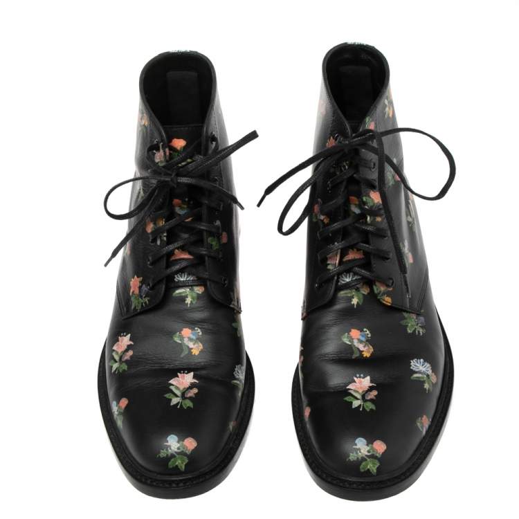 Pre Owned Saint Laurent Black Leather Flower Print Ankle Boots Size 38