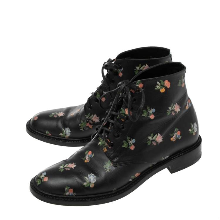 Pre Owned Saint Laurent Black Leather Flower Print Ankle Boots Size 38