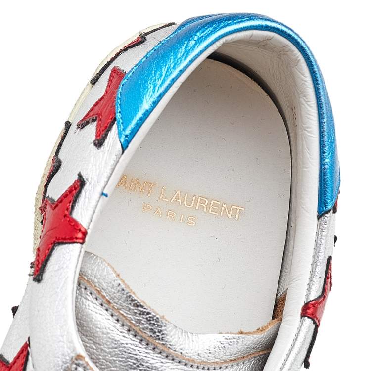 Pre Owned Saint Laurent Metallic Silver/Blue Leather Court Star Low Top Sneakers Size 38