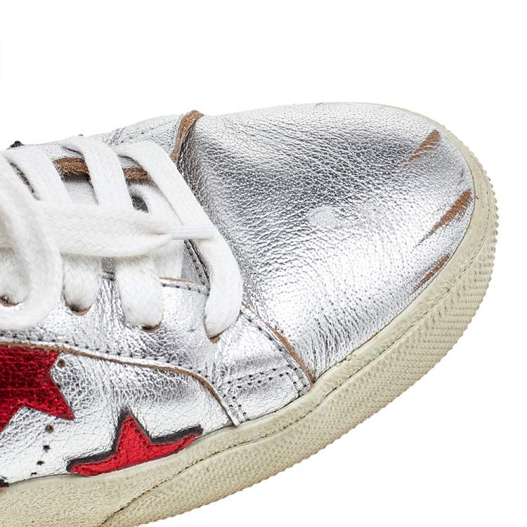 Pre Owned Saint Laurent Metallic Silver/Blue Leather Court Star Low Top Sneakers Size 38