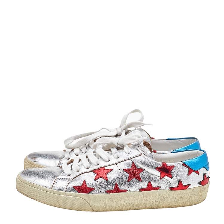 Pre Owned Saint Laurent Metallic Silver/Blue Leather Court Star Low Top Sneakers Size 38