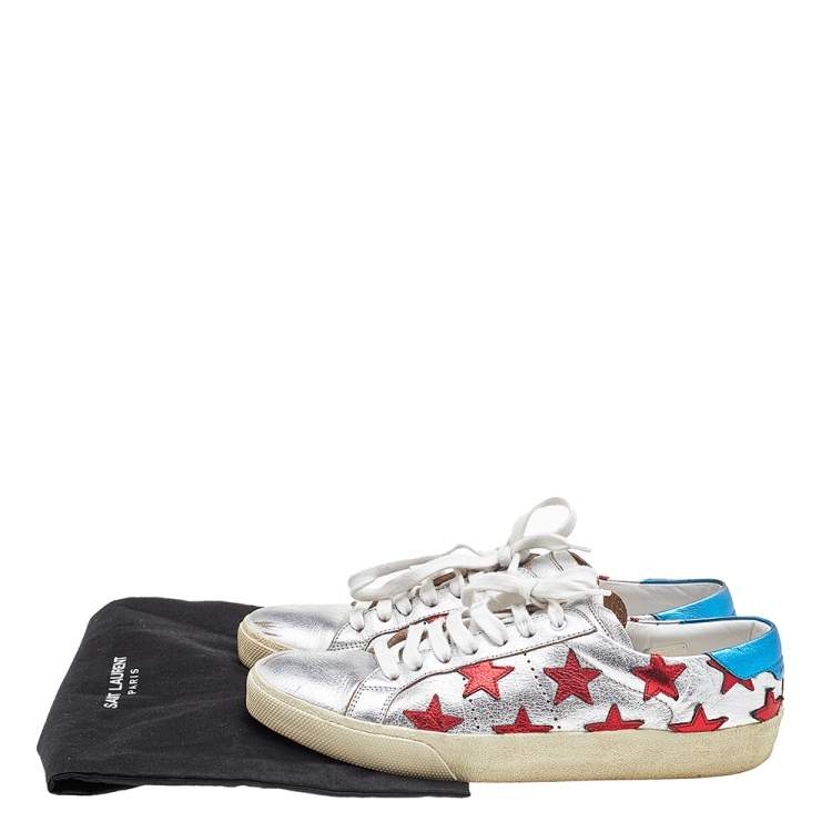 Pre Owned Saint Laurent Metallic Silver/Blue Leather Court Star Low Top Sneakers Size 38