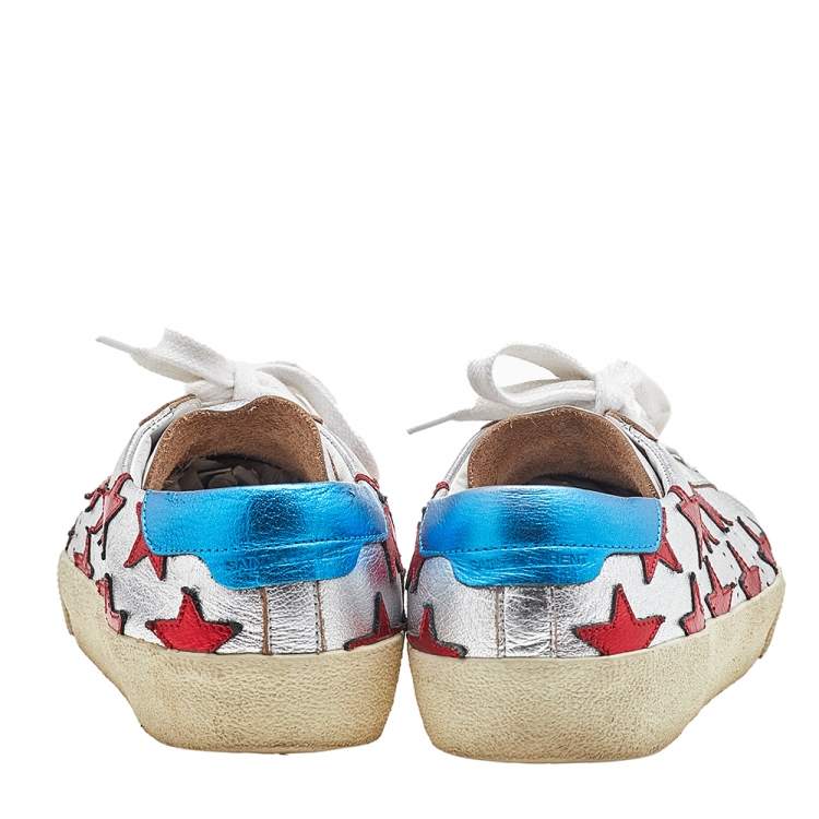 Pre Owned Saint Laurent Metallic Silver/Blue Leather Court Star Low Top Sneakers Size 38