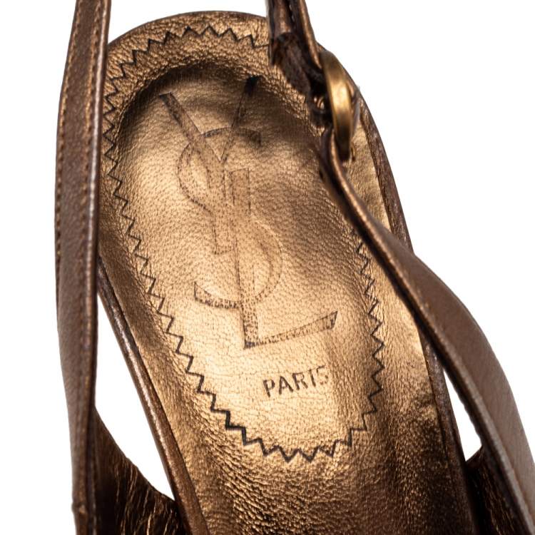 Pre Owned Saint Laurent Gold Leather Tribtoo Slingback Sandals Size 36.5