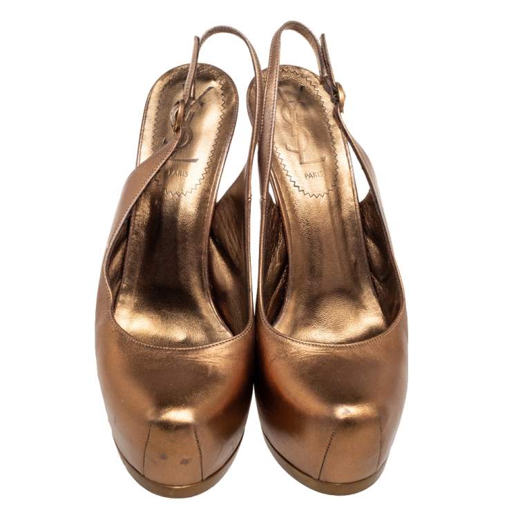Pre Owned Saint Laurent Gold Leather Tribtoo Slingback Sandals Size 36.5