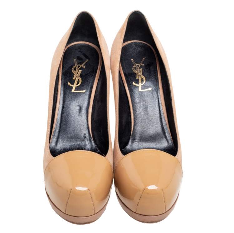 مملوكة مسبقًا Saint Laurent Beige Suede And Patent Leather Tribtoo Pumps Size 35.5