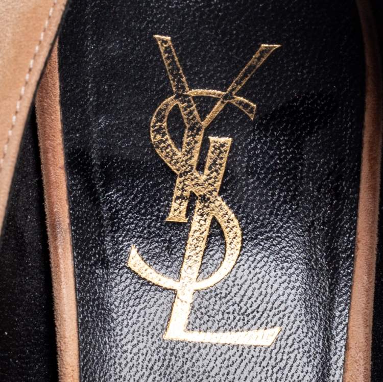مملوكة مسبقًا Saint Laurent Beige Suede And Patent Leather Tribtoo Pumps Size 35.5