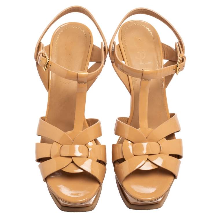 Pre Owned Saint Laurent Beige Patent Leather Tribute  Platform Sandals Size 38