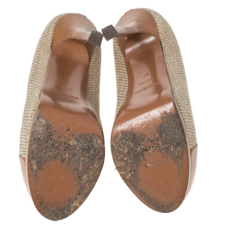 Pre Owned Saint Laurent Brown/Grey Canvas And Leather Platform Tribtoo  Pumps Size 37