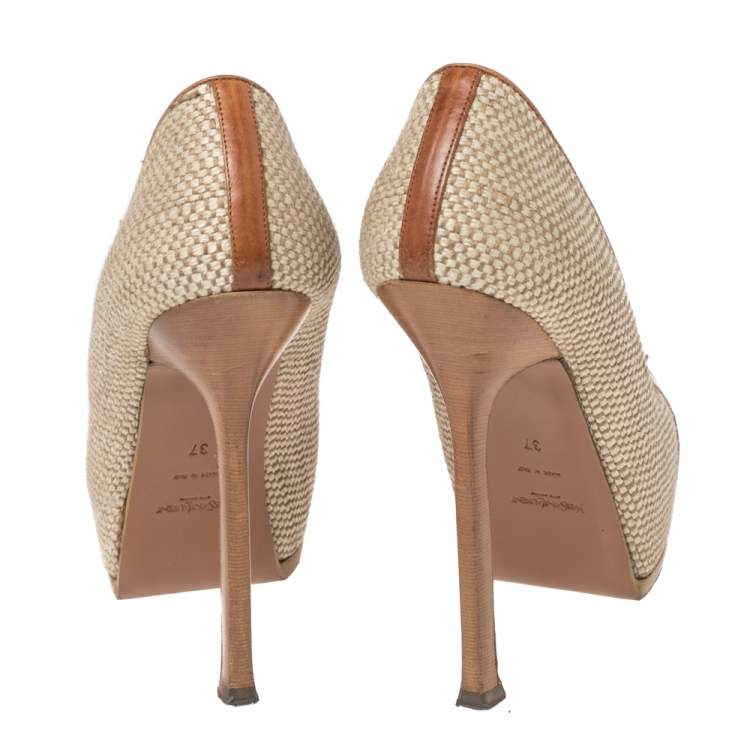 Pre Owned Saint Laurent Brown/Grey Canvas And Leather Platform Tribtoo  Pumps Size 37