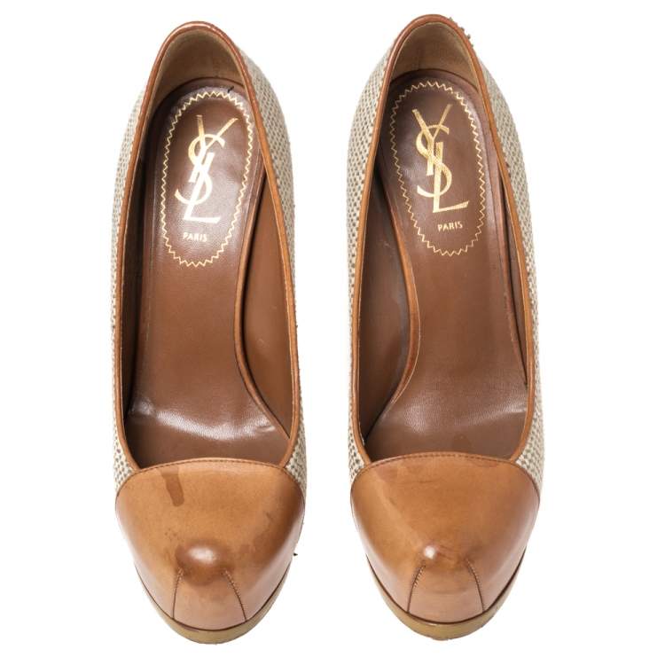 Pre Owned Saint Laurent Brown/Grey Canvas And Leather Platform Tribtoo  Pumps Size 37