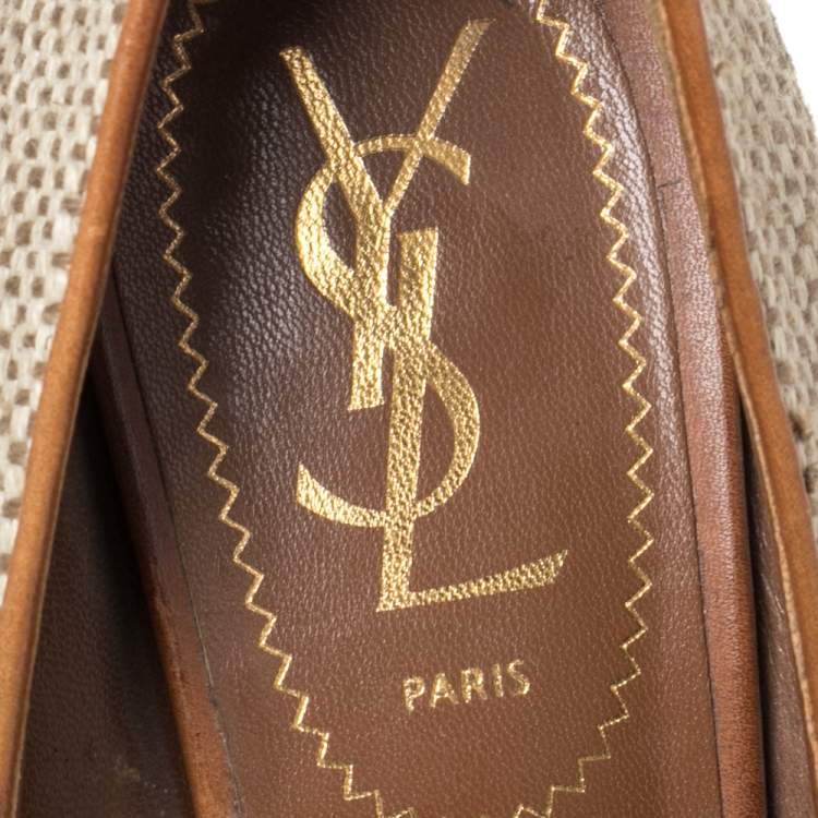 Pre Owned Saint Laurent Brown/Grey Canvas And Leather Platform Tribtoo  Pumps Size 37