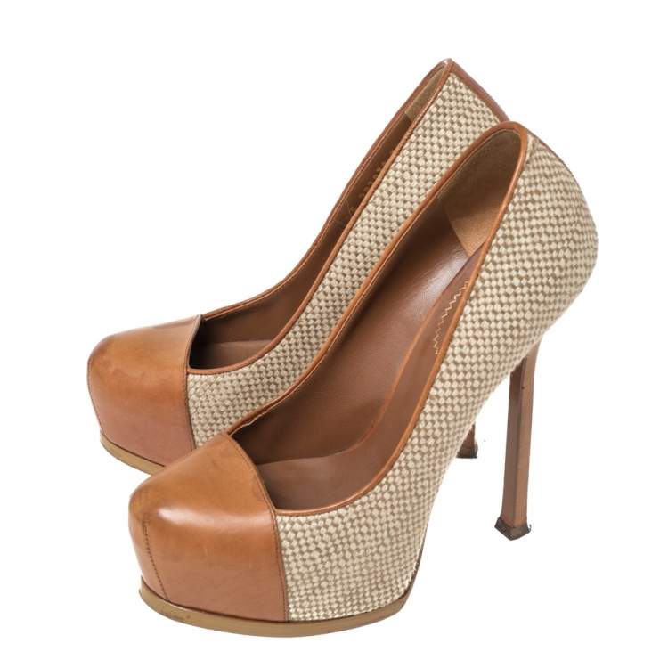 Pre Owned Saint Laurent Brown/Grey Canvas And Leather Platform Tribtoo  Pumps Size 37